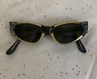 Vintage Rhinestone Cat Eye Sunglasses Black & Gold France Lyrique Raybert Retro