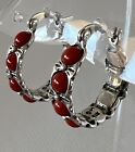 Vintage Red Coral Sterling Silver Signed Designer Hoop Earrings 925 Southwestern