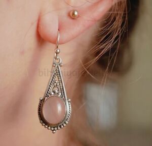 Rose Quartz Gemstone Dangling Earrings 925 Silver Handmade Earrings For Women