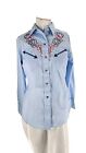 H Bar C Women's Shirt 10 Vintage Blue Long Tails Floral Embroidered Western Snap