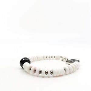 King Baby Studio White Shell Beads Bracelet Onyx Bead Silver Accents Size 6.5