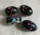Pysanky Easter Eggs Lot Of 4 Polish Folk Art Black Turned Wood Vintage Floral