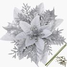TAIELIK 15pcs Christmas Silvery Poinsettia Flowers Artificial with Clips and ...
