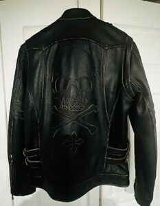 Affliction Leather Jacket Men's Medium Black Distressed Zip Skull Bones Limited