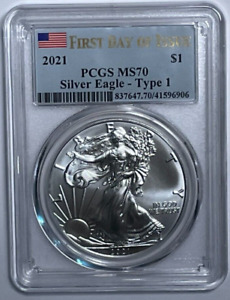 New Listing2021 American Silver Eagle Type 1 MS 70 PCGS, First Day of Issue, US Flag Label