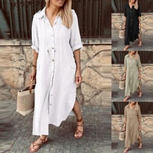 Ladies Maxi Dresses Button Down Shirt Dress Women Casual Holiday Long Sleeve