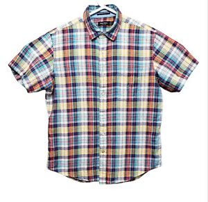 Nautica Shirt Mens Large Linen Blend Button Up Multi Plaid Pocket Logo Preppy SS