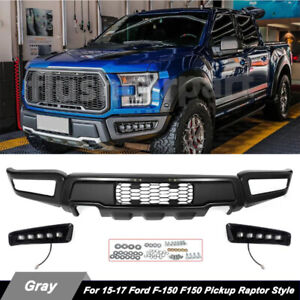 Gray Raptor Style Steel Front Bumper With LED Lights For 2015-2017 Ford F150 XLT