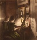 Peter Ilsted, Interior with two girls at the piano. Mezzotint in colours.