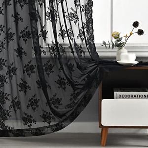 New ListingBlack Lace Curtains for Bedroom Vintage Lace Curtains 72 Inch Length Floral Embr