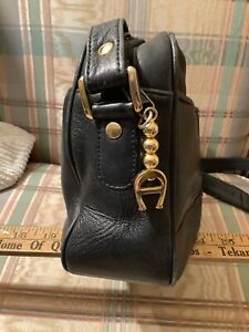 Vintage Etienne Aigner Leather Shoulder Handbag Purse Black w Brown Pin Stripe