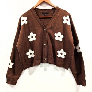 LOVE TREE brown knit floral print boxy cropped cardigan sweater