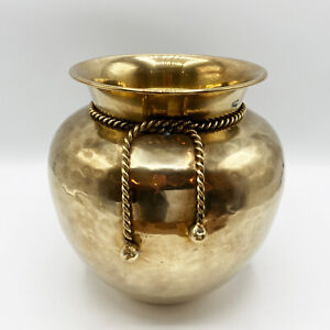 Vintage Hammered Polished Brass Planter with Rope Detail - Mid-Century Modern
