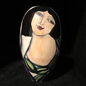 Handmade Ceramic 10 in Tall Vase with 3 Painted Faces Glazed