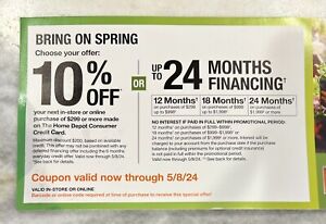New ListingHOME DEPOT Coupon 10% OFF $299 Or  24 Mos 0% Finance Exp 05/08/2024