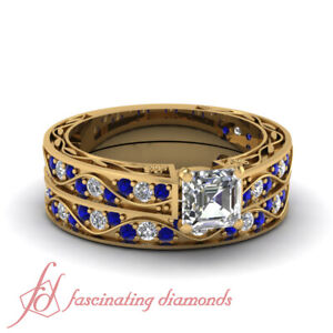 1.25 Ct Antique Scroll Gold Bridal Rings Set With Sapphire And Asscher  Diamond