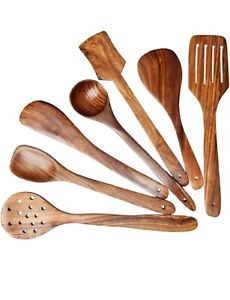 Wooden Serving and Cooking Spoons Set Kitchen Organizer Items-Set Of 7