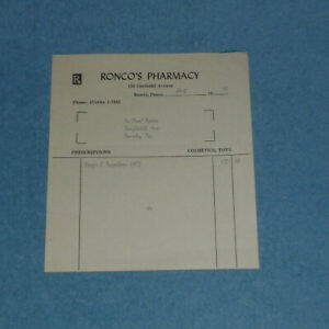 1966 Ronco's Pharmacy Roseto PA Billhead