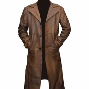 Real Leather Trench Long Coat Men Genuine Lambskin Brown Winter Long Coat New