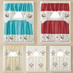 3-Pc Embroidered Rod Pocket Kitchen Curtain Window Tiers and Swag Valance Set