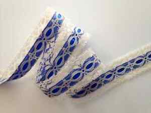 Ivory Beading Lace Trim with Royal Blue Ribbon, 1.5 in Wide, 3 YARDS