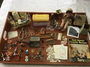 Vintage junk drawer lot Circus Candle holders Pill boxes, Doll, Scissors Buttons