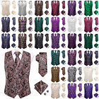 UK Mens Vest Necktie Pocket Square Cufflinks Set Wedding Paisley Floral Suit