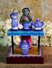 Lady Skeleton Selling Pottery Talavera Day of the Dead Handmade Mexican Folk Art