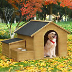 Outdoor Large Wooden Dog House Crate Cabin Style Raised Dog Shelter w/ Bowl