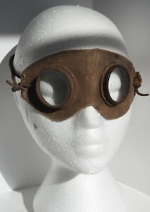 Brown Leather Goggles Motorcycle Glass Eye Goggle Vintage/Antique Lenses