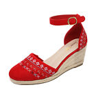 Women Espadrilles Close Toe Ankle Strap Platform Wedge Sandals-Red