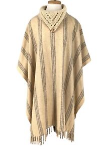 Vintage Wool Blanket Poncho Ruana Fringe Knit Collar Ivory Stripe Cape