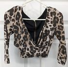 Bebe Crop Top Brown Leopard Animal Print Long Sleeve V-Neck Crop Top Size XS