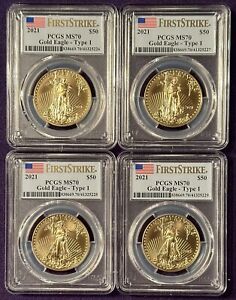 4 X 2021 $50 American Gold Eagle Type 1 PCGS MS70 First Strike Consecutive Lot