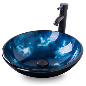 Bathroom Glass Vessel Sink Counter Top Faucet Pop-Up Drain Combo