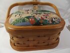 Vintage Sewing Box BASKET with Assorted Sewing Supplies TOP WOOD RING IS SPLIT