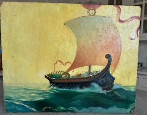 Antique Old SHIP with SAIL Nautical SEASCAPE Old MARITIME PAINTING 1930s