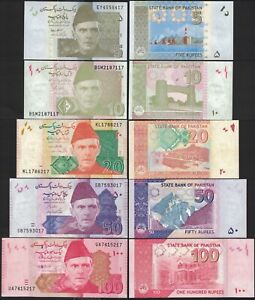 Lot (5 PCS) Pakistan Set: 5 10 20 50 100 Rupees P.53, P.45, P.55, P.56, P.57 UNC