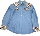 Kennington Mens Button Front Shirt Blue Plaid Patchwork Pockets Vintage 70s L