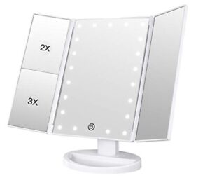 LED Makeup Mirror With Light 1X,2X,3X, Magnification Touch Control Trifold Tray
