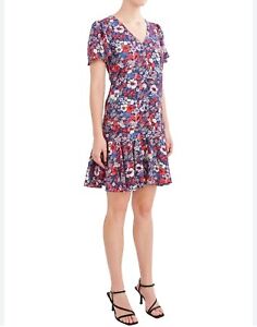 BCBG Paris Floral Short sleeve ruffle hem v-neck dress, lined, multicolored S