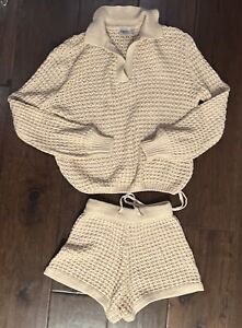 Princess Polly tan crochet Knit Collared Sweater & shorts XS/S