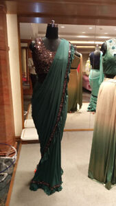 women Designer Bollywood stitched Sari Saree with blouse Green black