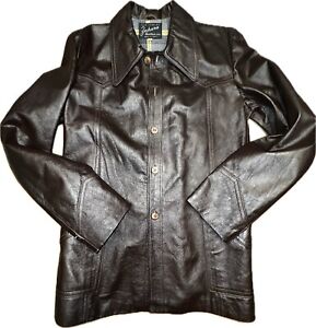 VTG Men’s Leather Jacket Brown Trench Medium Size 42 Disco Belted Dagger Collar