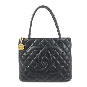 Authentic CHANEL Caviar Skin Matelasse Medallion Tote Bag Black A01804 Used F/S