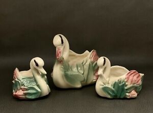 Vintage Hull Ungemach Pottery 3 Piece Pink & Green Swan Ceramic Planter Set