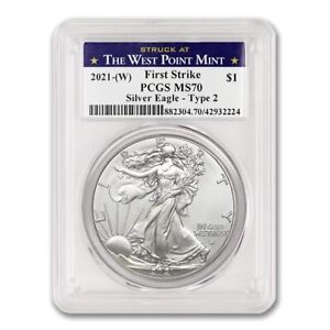 2021-(W) $1 Silver Eagle Type 2 PCGS MS70 First Strike West Point Label coin