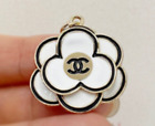CHANEL Zipper Pull Button White Black Gold Tone Camellia Flower Charm 30mm Stamp