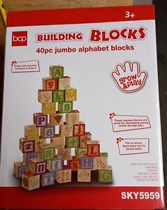 40 Childrens Jumbo Wooden Building Blocks Letters Pictures Numbers Ships Free