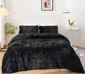 Faux Fur Comforter,Fuzzy Queen Comforter Set,Plush Black Comforter Set 3 Pieces
